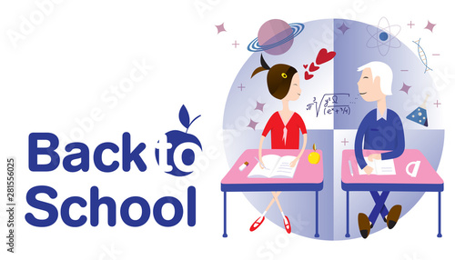 back to school concept  schoolboy and schoolgirl look at each other