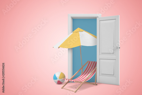 Papier peint 3d rendering of chaise-longue with beach ball beside under big umbrella, all standing in white doorway on pink copyspace background