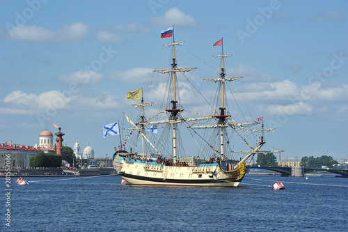 warship Poltava in the waters of the Neva river - preparation for the day of the Navy