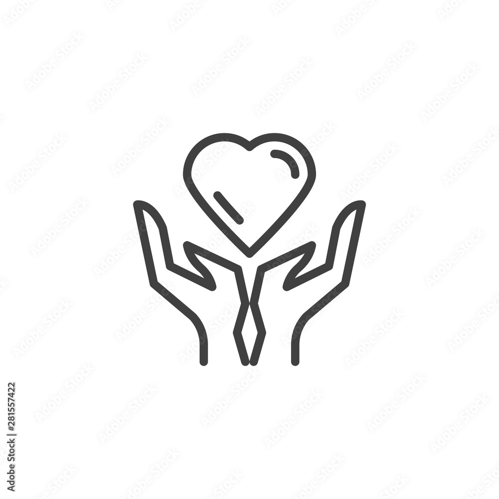 Heart care line icon. linear style sign for mobile concept and web design. Heart in hands outline vector icon. Charity and donation symbol, logo illustration. Vector graphics Heart care line icon. linear style sign for mobile concept and web design. Heart in hands outline vector icon. Charity and donation symbol, logo illustration. Vector graphics