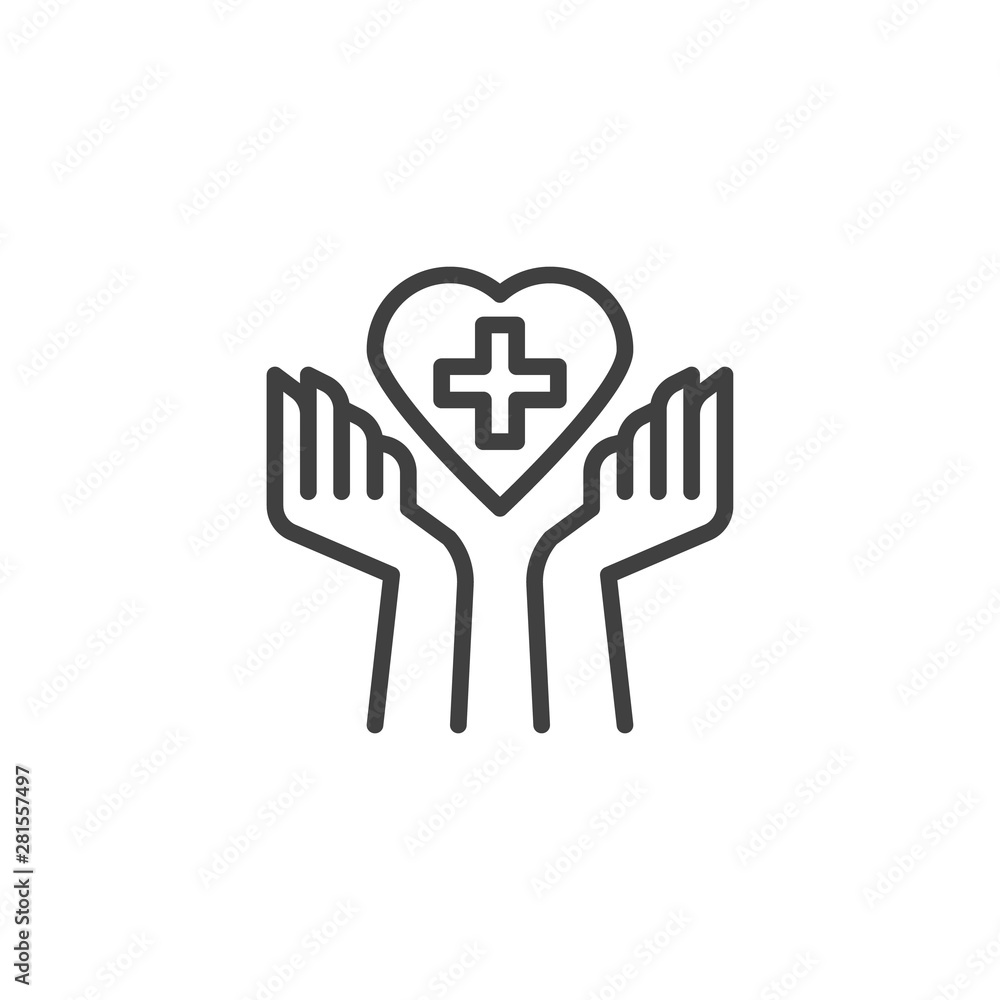 Obraz premium Heart care line icon. linear style sign for mobile concept and web design. Hands hold medical heart outline vector icon. Charity and donation symbol, logo illustration. Vector graphics