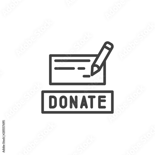 Bank cheque donate line icon. linear style sign for mobile concept and web design. Donate Check and pen outline vector icon. Charity symbol, logo illustration. Vector graphics