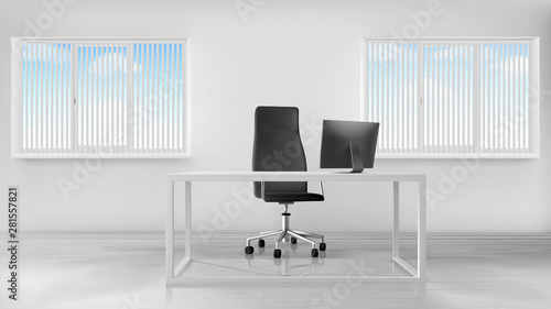 Empty office room interior, workplace with desk, turning seat and computer on table, inner design in white colors, windows covered with jalousie, boss working place. Realistic 3d vector illustration
