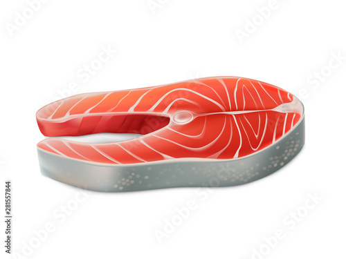 Raw fish, fresh salmon steak isolated on white background. Trout fillet for cooking healthy meal, seafood product with omega oil, design element for menu or promo Realistic 3d vector illustration