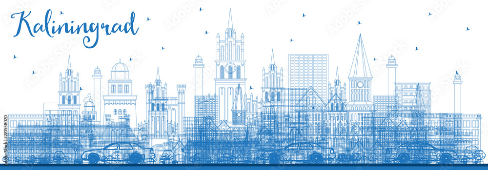Outline Kaliningrad Russia City Skyline with Blue Buildings.