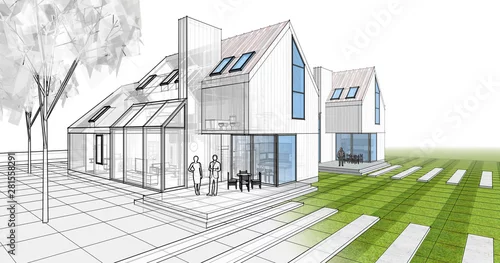 Obraz kamienica, szkic architektoniczny, 3d ilustracji
