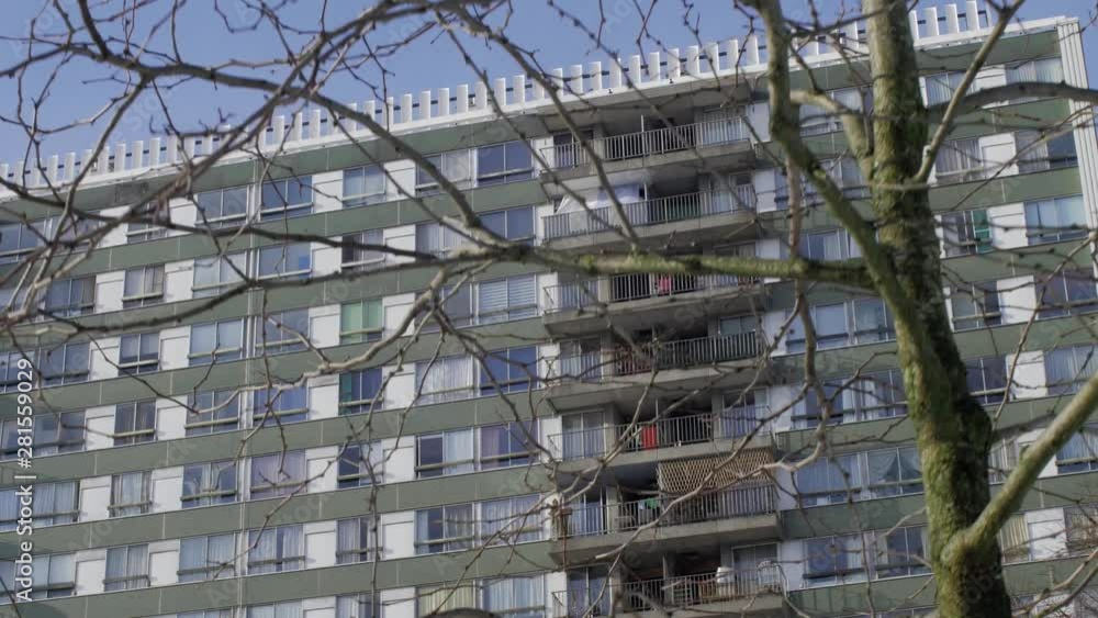 Cinematic dolly shot of a high-rise apartment building behind a tree during winter Cinematic dolly shot of a high-rise apartment building behind a tree during winter