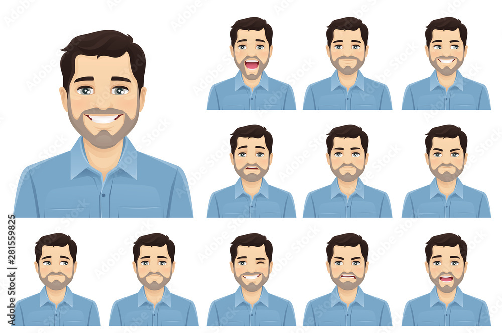 Handsome bearded man with different facial expressions set vector illustration isolated Handsome bearded man with different facial expressions set vector illustration isolated