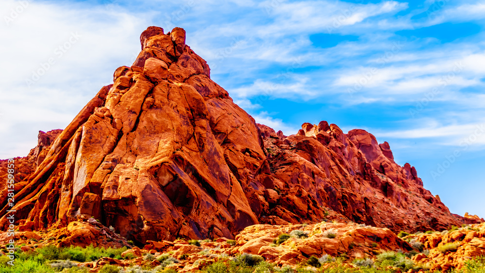 Red Aztec Sandstone Mountains under Blue Sky at the Mouse's Tank Trail in the Valley of Fire State Park in Nevada, USA