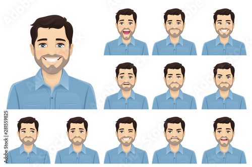 Handsome bearded man with different facial expressions set vector illustration isolated