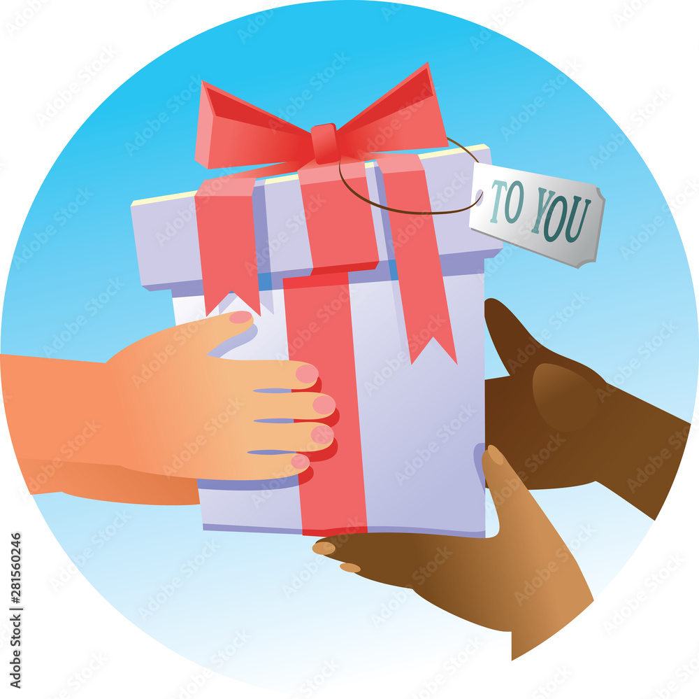 Obraz premium Hand giving a gift Christmas box to another hand of different races