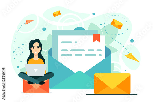 Woman, mail, laptop, chat. Workflow, a new e-mail message, a notification in the mail.