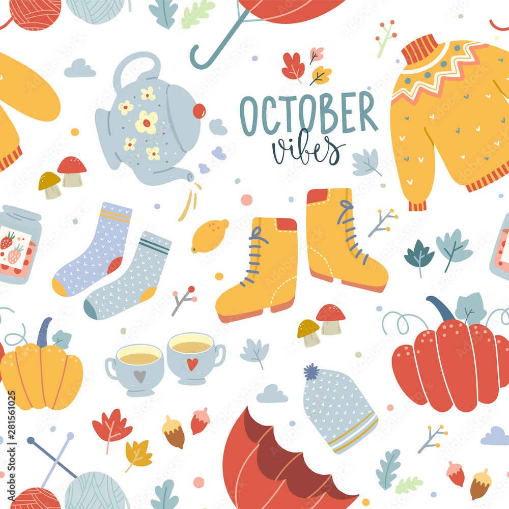 Hand drawn symbols of autumn and fall   illustrations, hand drawn elements. Seamless background pattern in warm colors. Sweater, tea pot, pumpkin, and boots, good for wrapping paper or textile print