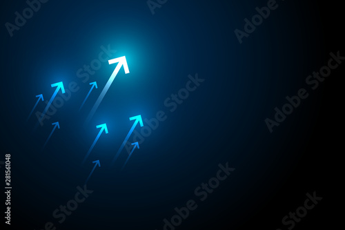 Glow point up arrows on dark blue background illustration, business growth concept.