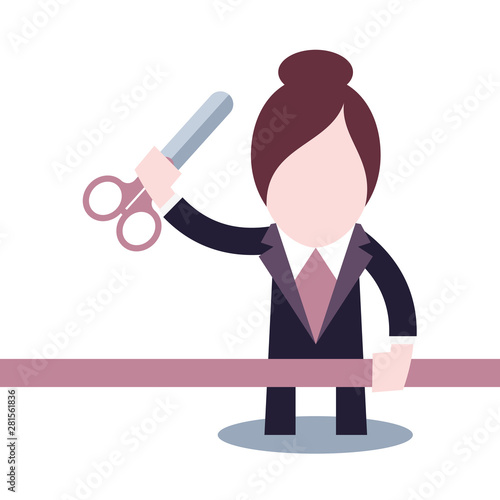 Vector grand opening. Cartoon businesswoman cuts silk ribbon. Isolated on white background.