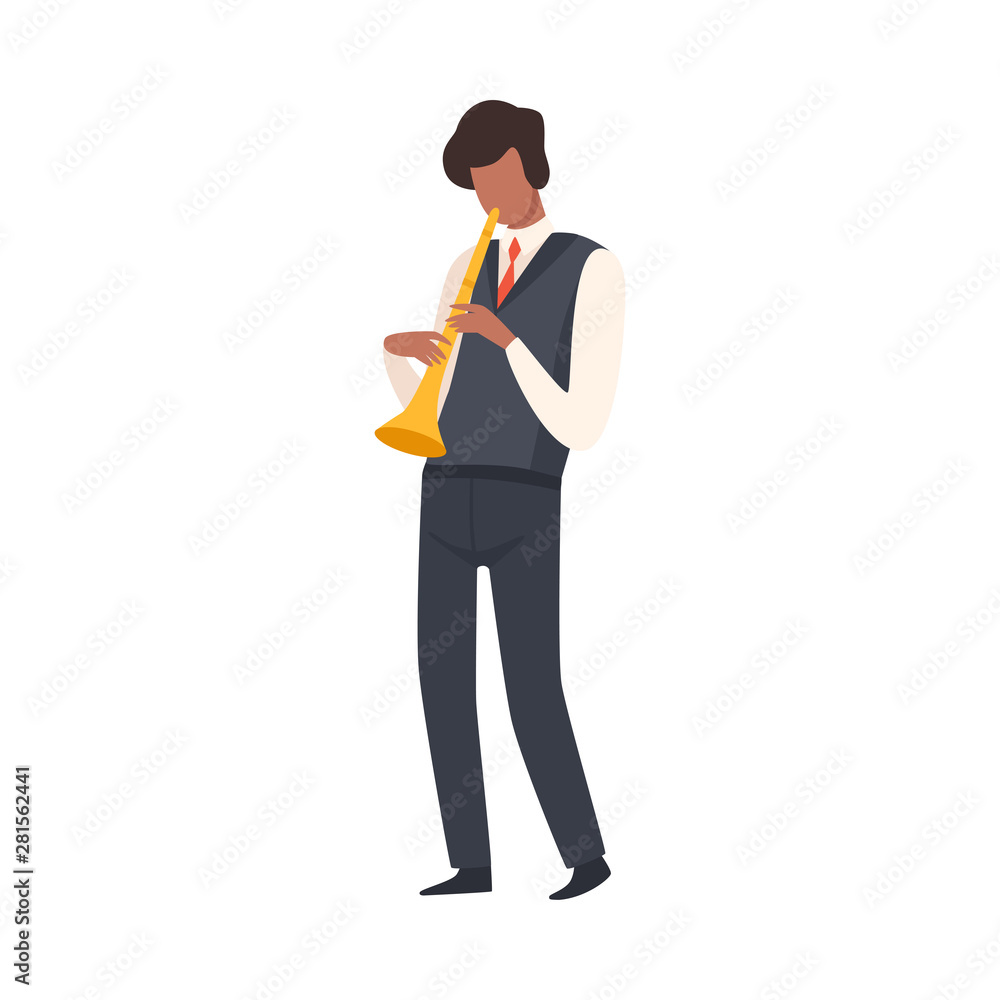 Man Playing Trumpet, Male Jazz Musician Character in Elegant Suit with Musical Instrument Vector Illustration Man Playing Trumpet, Male Jazz Musician Character in Elegant Suit with Musical Instrument Vector Illustration