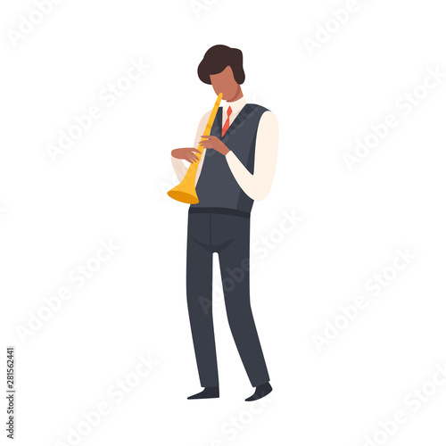 Man Playing Trumpet, Male Jazz Musician Character in Elegant Suit with Musical Instrument Vector Illustration