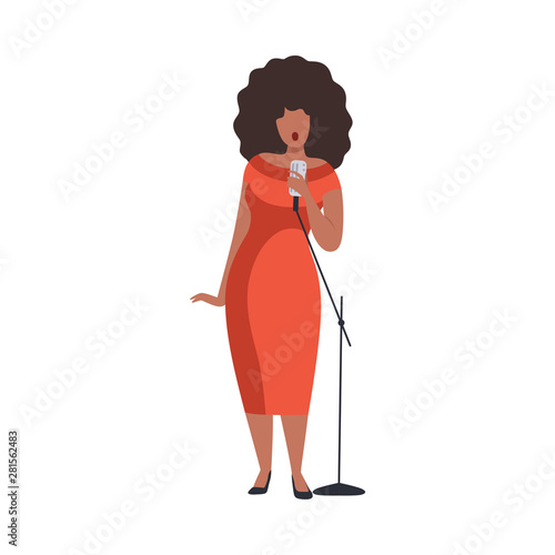 Young Woman in Red Evening Dress Singing with Microph Beautiful African American Jazz Singer Vector Illustration