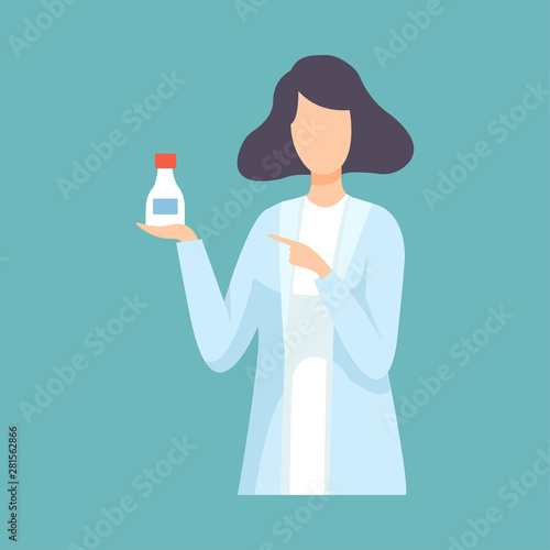 Female Pharmacist Doctor Holding Medicine Bottle, Professional Medical Worker Character in White Lab Coat Vector Illustration