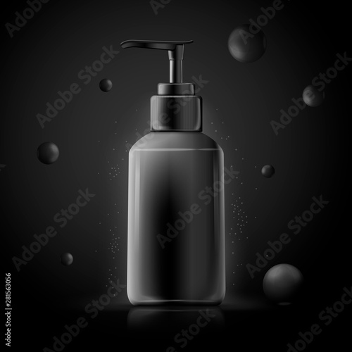 Vector 3d realistic cream dispenser bottle isolated on black background. Luxury mock-up for product package branding.