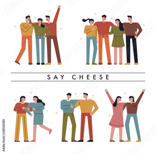 Friends are gathering together and posing for taking pictures. flat design style minimal vector illustration.