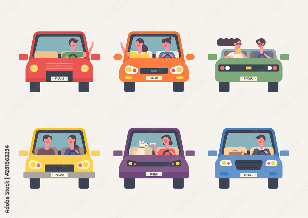 Many people enjoy the drive. Front view. flat design style minimal vector illustration. Many people enjoy the drive. Front view. flat design style minimal vector illustration.