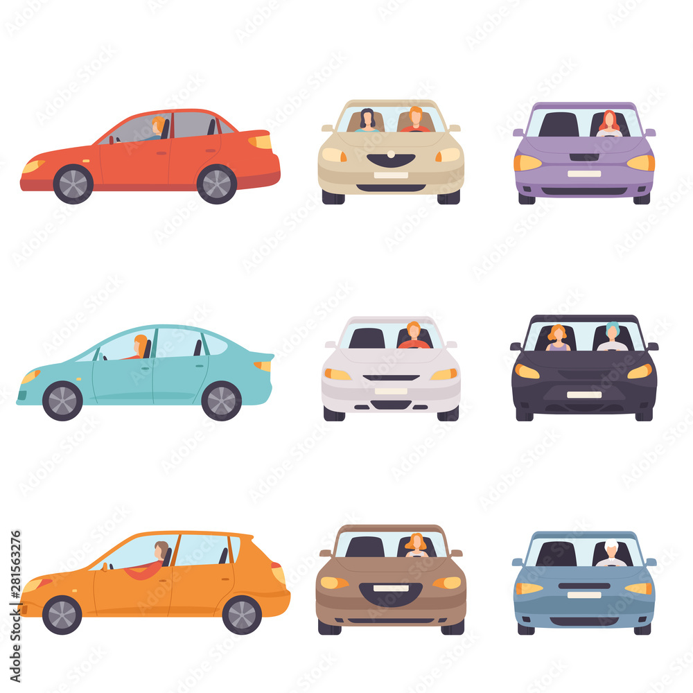 Obraz Cars with Drivers Set, Side and Front View Flat Vector Illustration