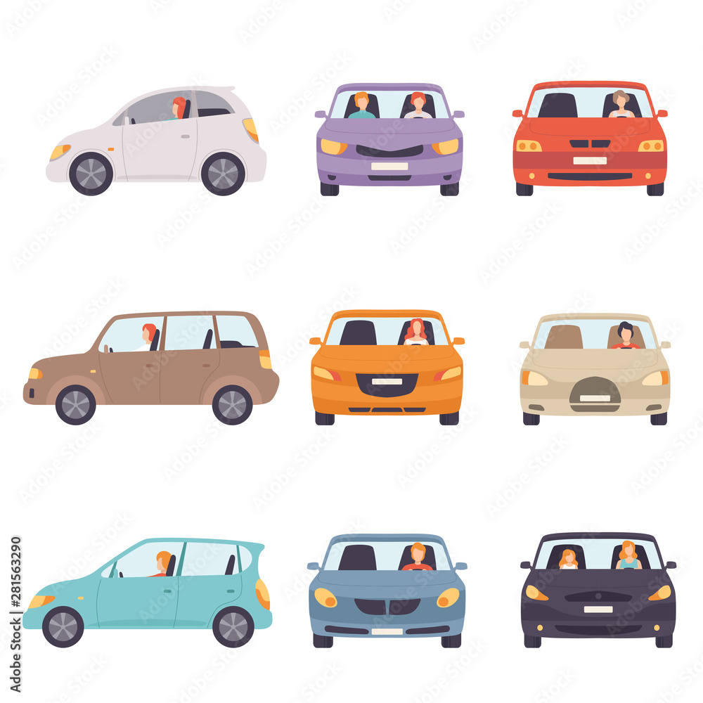 Cars with Drivers Set, Side and Front View Vector Illustration Cars with Drivers Set, Side and Front View Vector Illustration