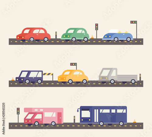 A wide variety of cars running on the road. flat design style minimal vector illustration.