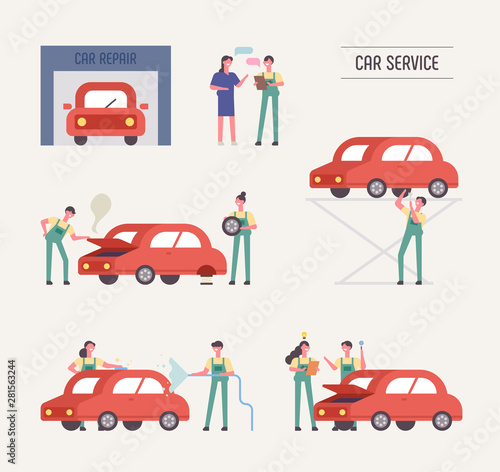 Mechanics and customers at car repair shops. Automobile maintenance process. flat design style minimal vector illustration.