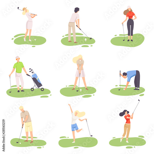 People Playing Golf Set, amdn and Woman Golfer Players Training with Golf Clubs on Course, Outdoor Sport or Hobby Vector Illustration