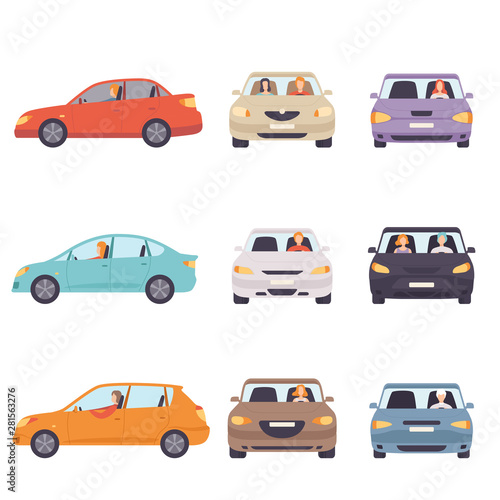 Cars with Drivers Set  Side and Front View Flat Vector Illustration