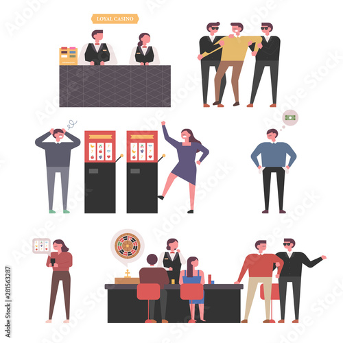 A variety of situations in which customers are making a fuss in casinos. flat design style minimal vector illustration.