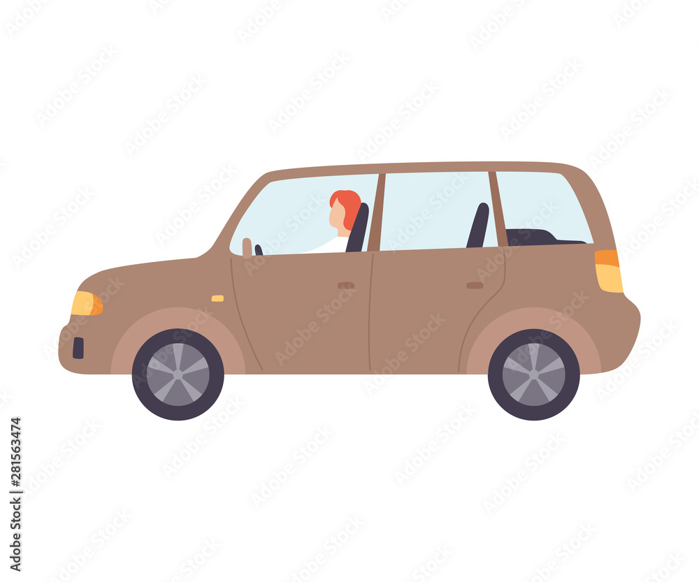 Brown Hatchback Car with Male Driver, Front View Vector Illustration