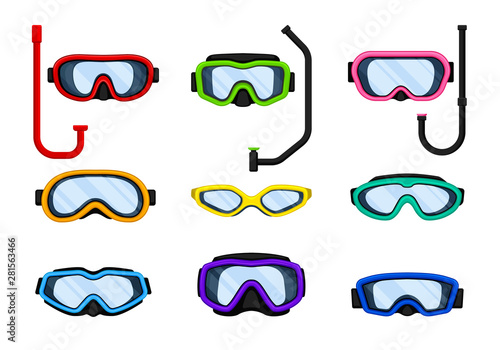 Set of masks for scuba diving in different colors. Vector illustration on white background.