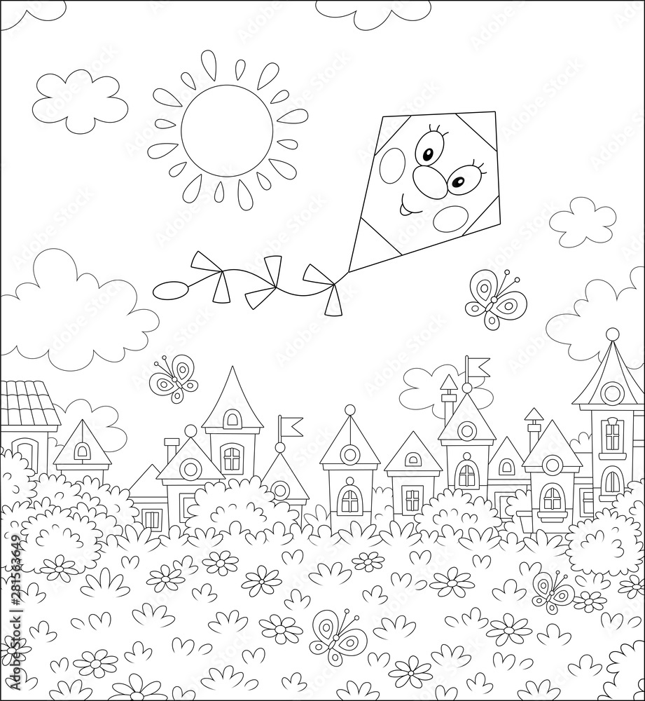 Funny kite flying with cheerful butterflies over toy houses of a small town on a sunny summer day, black and white vector illustration in a cartoon style for a coloring book