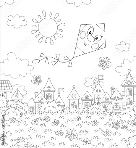 Funny kite flying with cheerful butterflies over toy houses of a small town on a sunny summer day, black and white vector illustration in a cartoon style for a coloring book