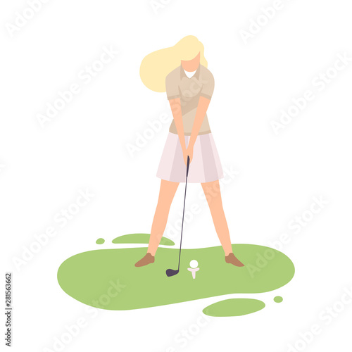 Young Blonde Woman Playing Golf, Girl Golfer Training with Golf Club on Course with Green Grass, Outdoor Sport or Hobby Vector Illustration