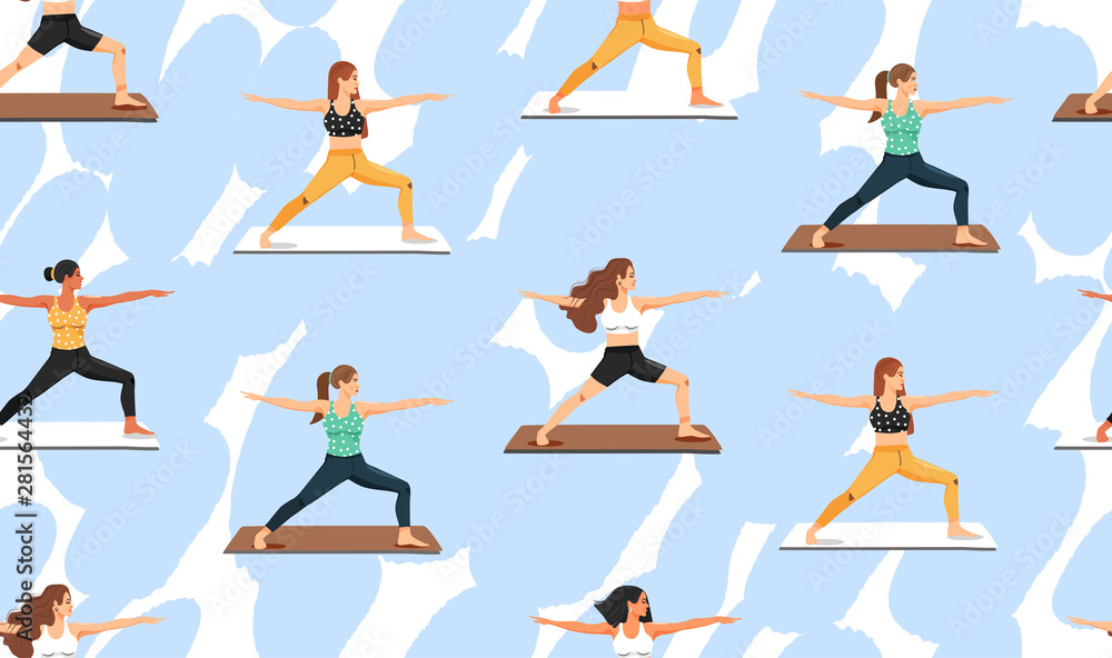 Seamless pattern with women practicing yoga. Girls doing virabhadrasana warrior yoga pose. Healthy lifestyle. Texture for textile, wrapping paper and packaging. Vector on abstract background. Seamless pattern with women practicing yoga. Girls doing virabhadrasana warrior yoga pose. Healthy lifestyle. Texture for textile, wrapping paper and packaging. Vector on abstract background.