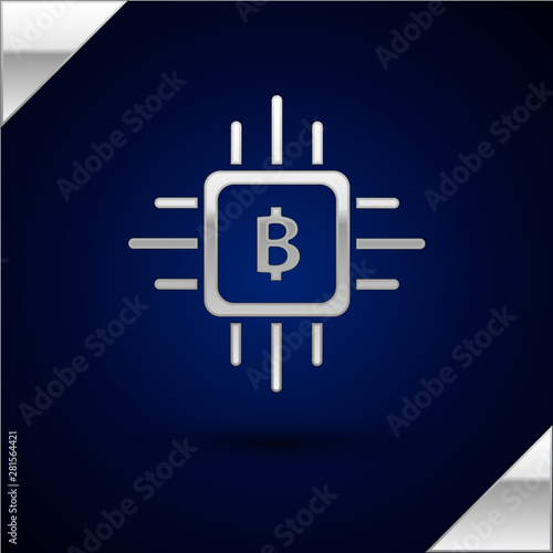Silver CPU mining farm icon isolated on dark blue background. Bitcoin sign inside processor. Cryptocurrency mining community. Digital money. Vector Illustration