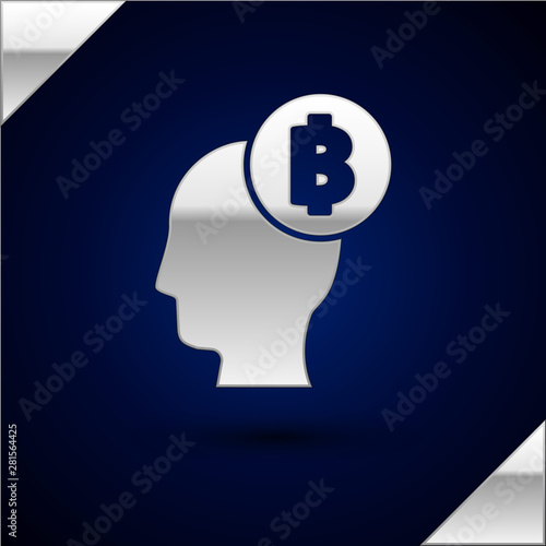 Silver Bitcoin think icon isolated on dark blue background. Cryptocurrency head. Blockchain technology, digital money market, cryptocoin wallet. Vector Illustration