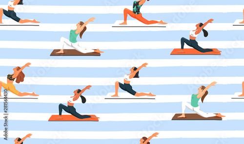 Seamless pattern with women practicing yoga. Girls doing virabhadrasana warrior yoga pose. Healthy lifestyle. Texture for textile, wrapping paper and packaging. Vector on striped background.