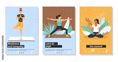 Healthy lifestyle and yoga concept. Young women practicing yoga. Set of web page template. Cartoon vector illustration.