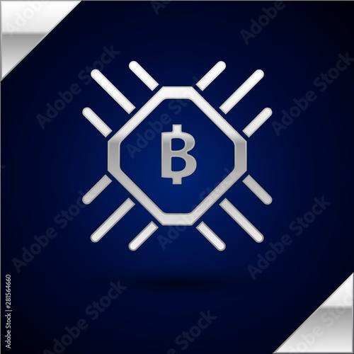 Silver CPU mining farm icon isolated on dark blue background. Bitcoin sign inside processor. Cryptocurrency mining community. Digital money. Vector Illustration