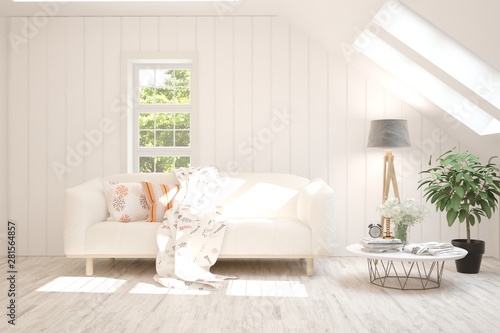 Stylish room in white color with sofa. Scandinavian interior design. 3D illustration