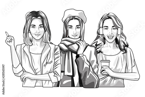 Pop art fashion and beautiful women cartoon in black and white