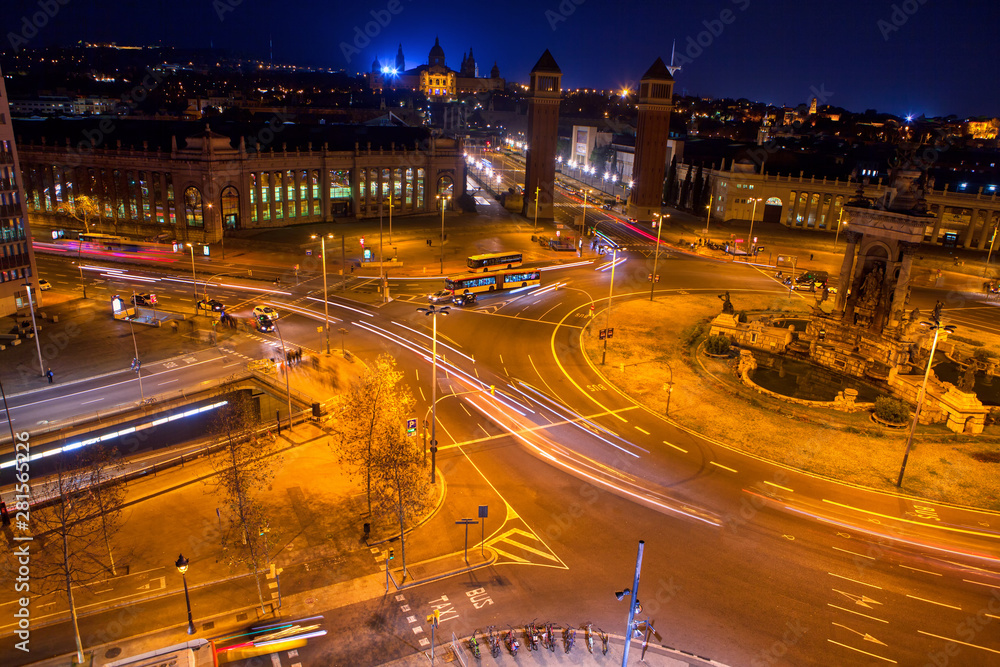 Fototapeta premium Plaza de Espana Barcelona , illuminated streets view