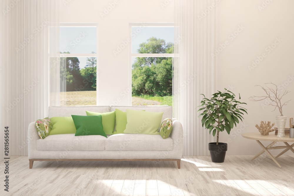 Stylish room in white color with sofa and summer landscape in window. Scandinavian interior design. 3D illustration Stylish room in white color with sofa and summer landscape in window. Scandinavian interior design. 3D illustration