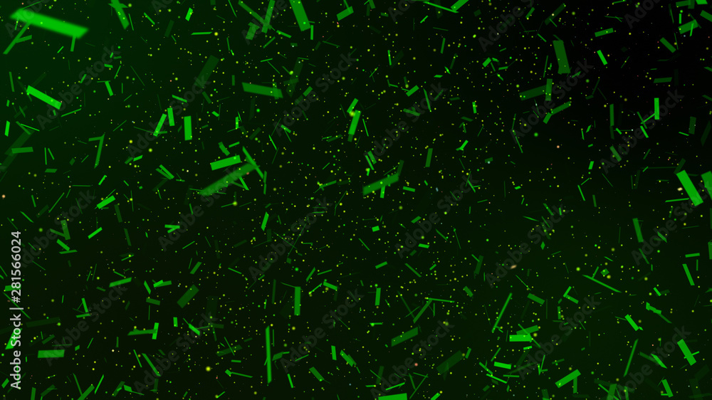 Colorful confetti party paper explosion and falling down. Dark green background.