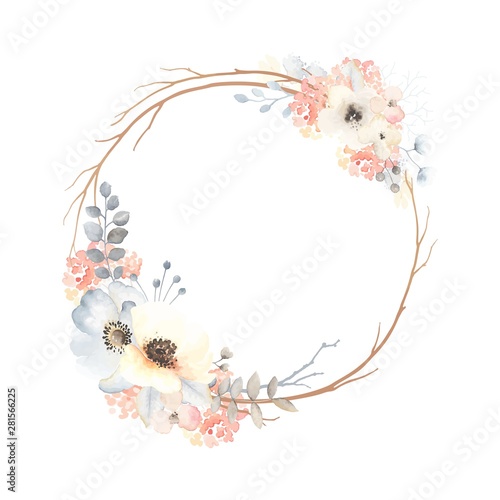 Cute wreath with flowers, leaves and branches in vintage watercolor style. Vector circle frame for your text on white background. 